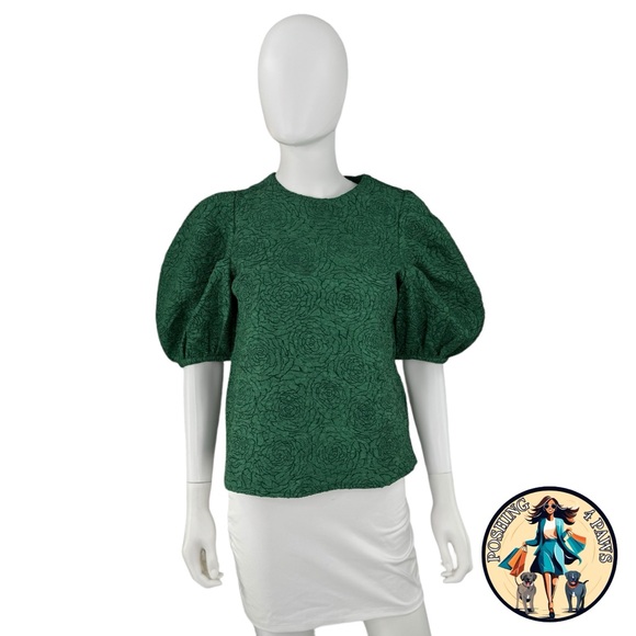 Hyacinth House NEW Green Jacquard Floral Puff Sleeve Noelle Blouse Size XS - Picture 3 of 8